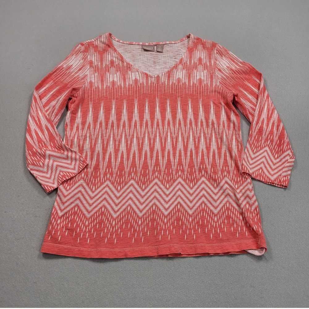 Chicos Womens Size 0 Red White Ikat Zig Zag V-Neck 3/4 Sleeve Cotton T-Shirt